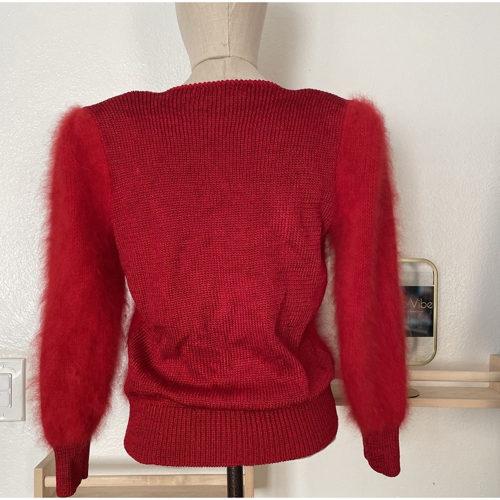 Vintage Red Angora Sweater Balloon Sleeves And Shoulder Pads - Picture 2 of 12